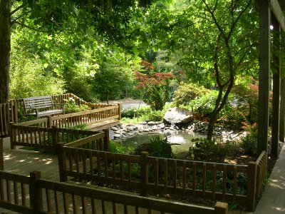 [Area with wooden benches and railings with a bubbling water fountain under the cover of trees.]